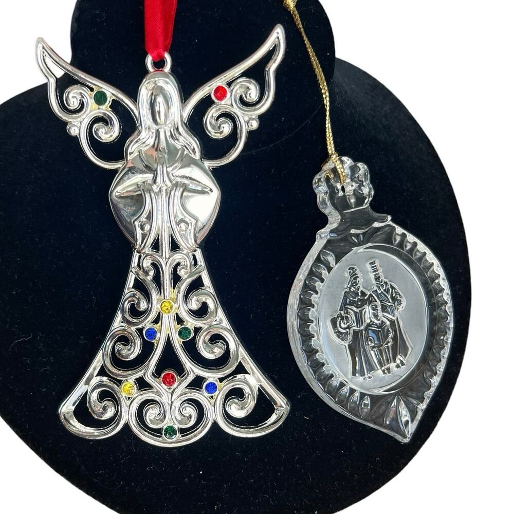 Lot of 2 Lenox Christmas Ornaments Silver Angel Etched Crystal Frosted‎ Carolers